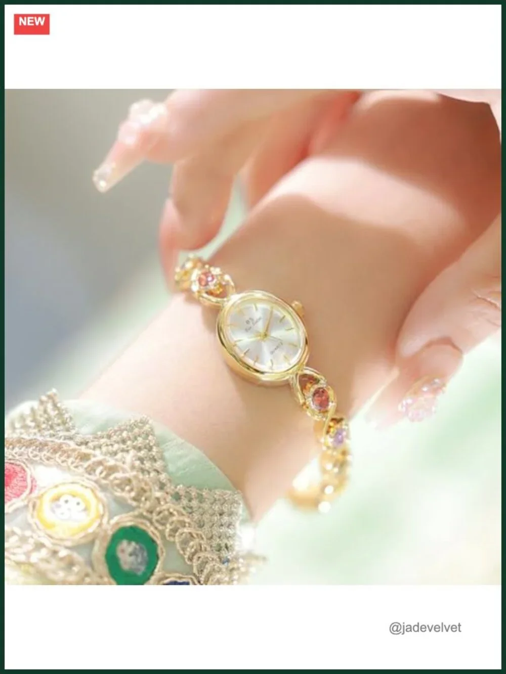 Luxury Vintage Gold Tone Women's Bracelet Watch with Jade Crystal Oval Dial